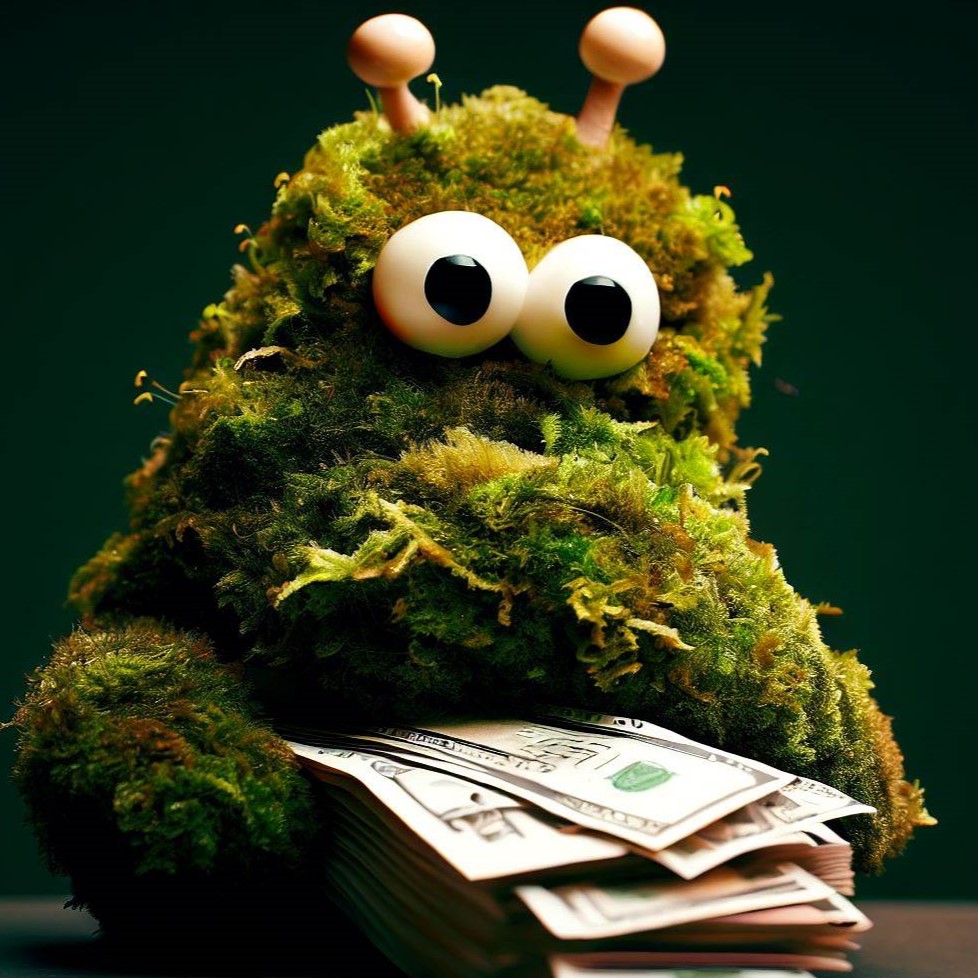 Roof moss monster counting up his stack of cash after saving tons of money by hiring MossAway