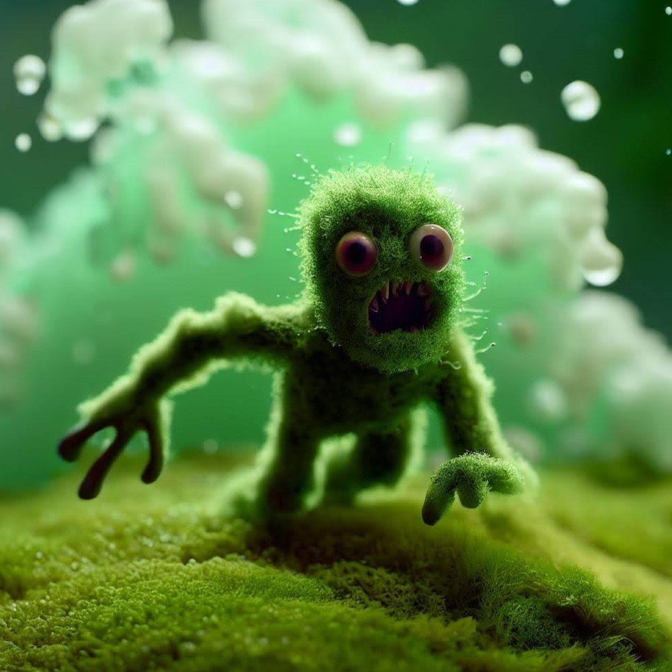 A roof moss monster runs away from the eco friendly treatment solution