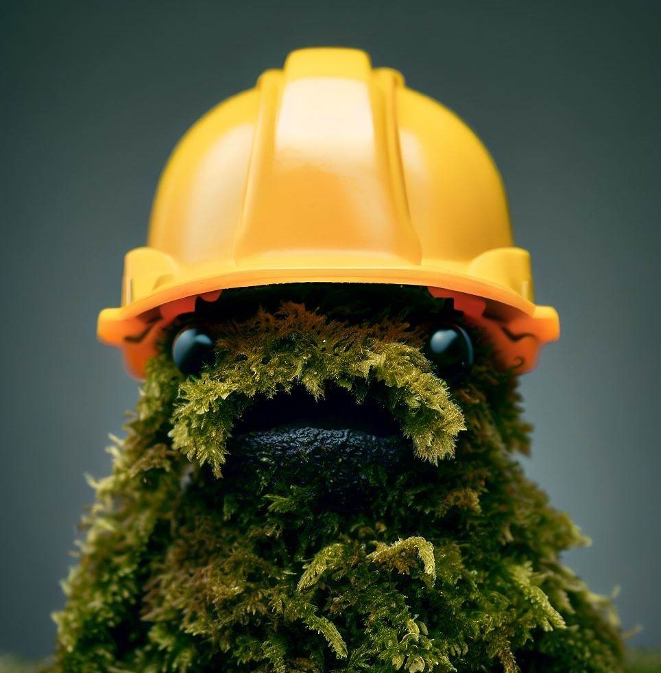 A moss monster in a hard hat