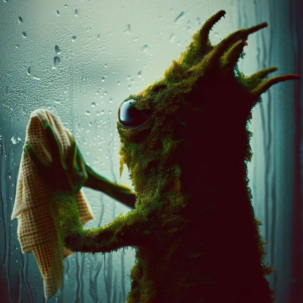 A moss monster washing a steamy window