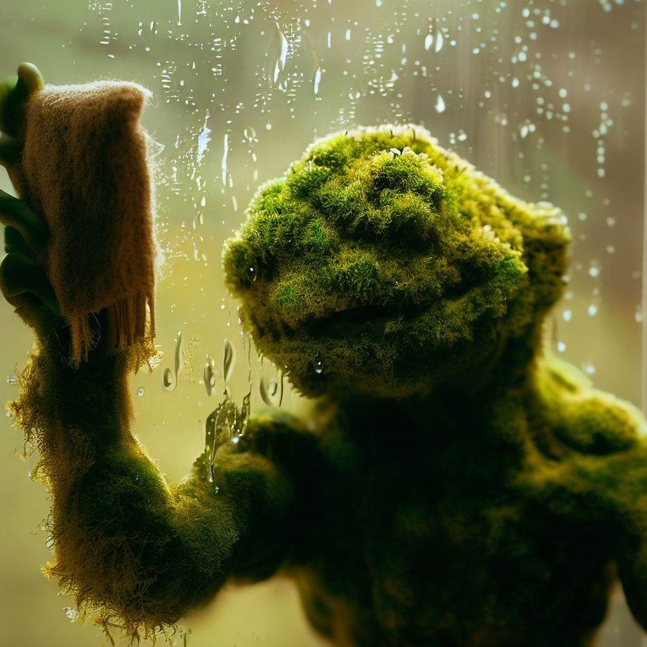 A happy moss monster washing your windows - how helpful!